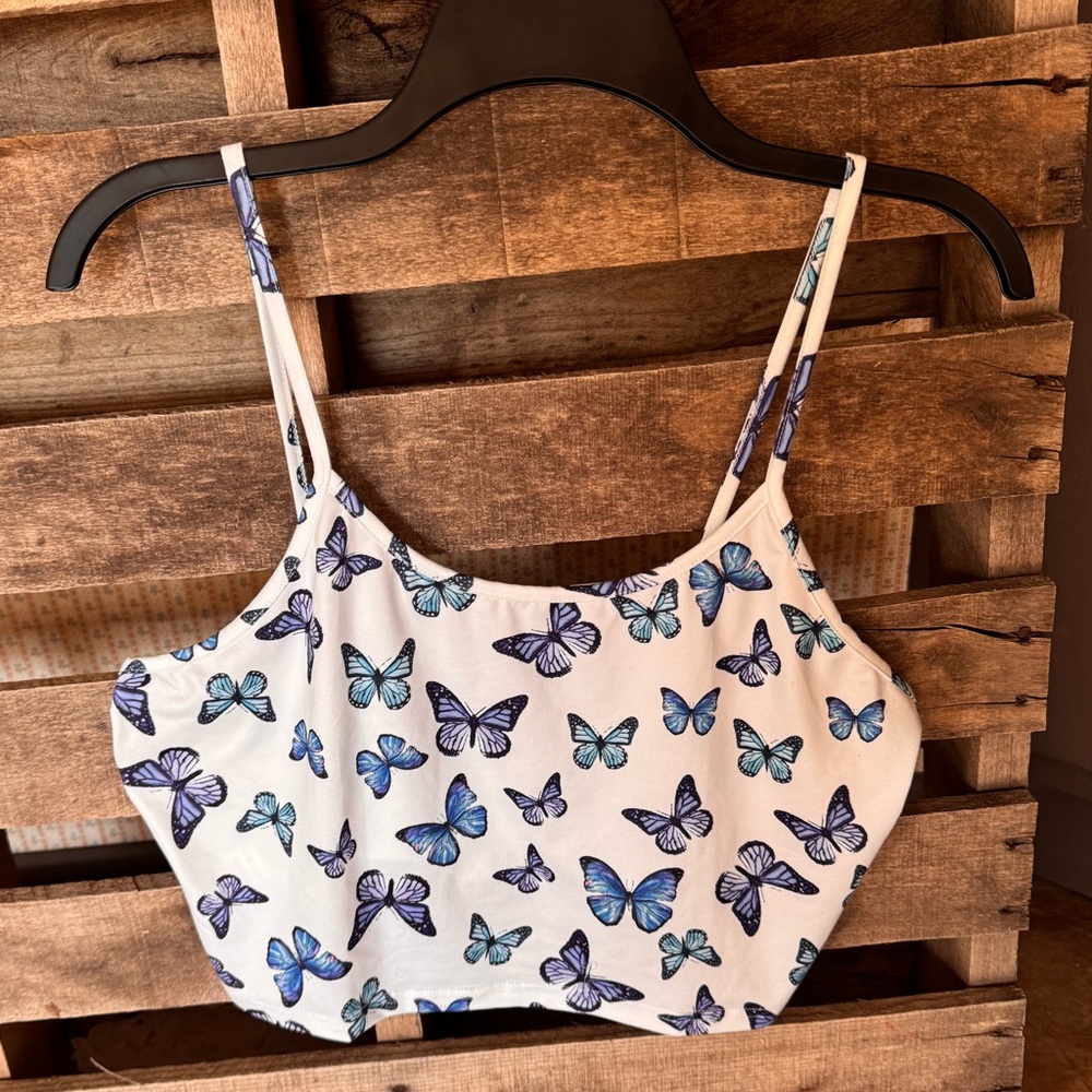 Blue Butterfly Print Crop Top